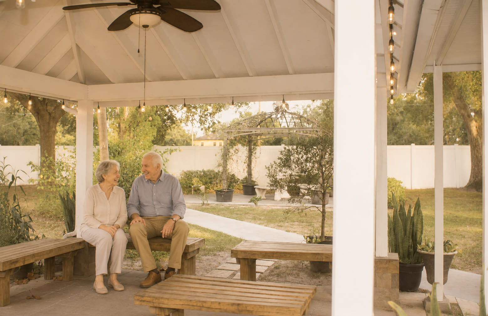 Two residents sitting together on a bench in the covered garden pavilion at Sanford Place, talking in the late afternoon light, with the garden and walking path beyond.